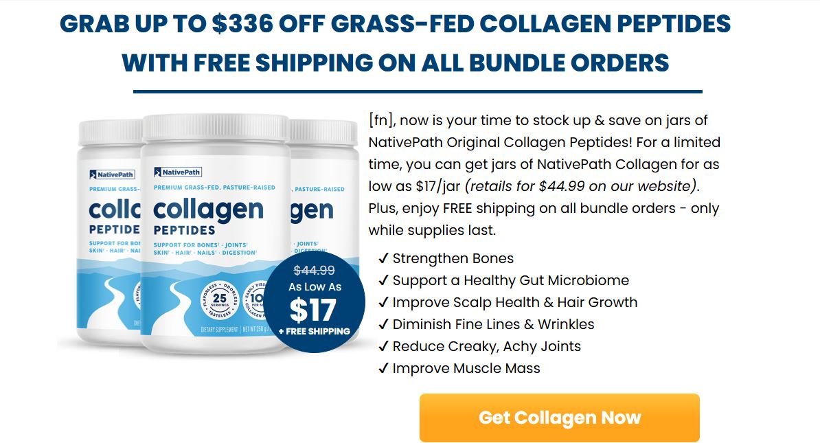 Supplied NativePath collagen promotional image with three jars and historical bundle offer