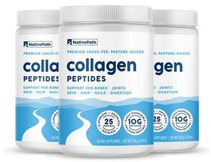 Three NativePath Original Collagen Peptides jars with blue and white labels